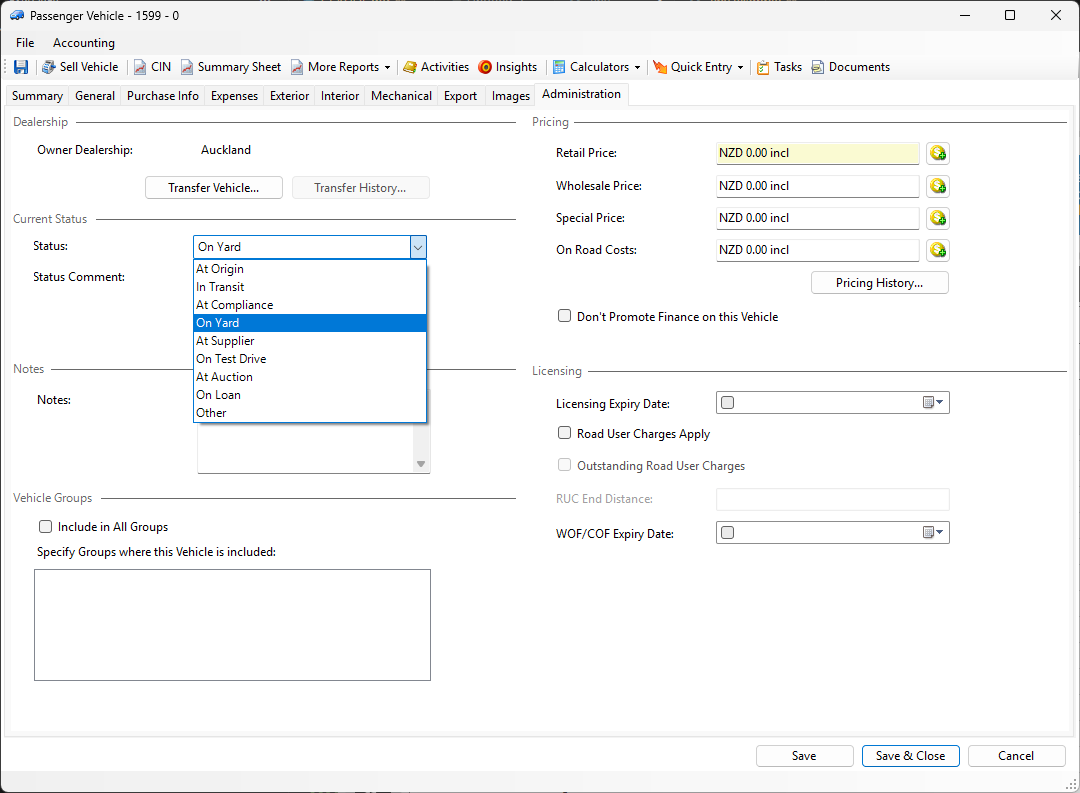 Status dropdown on the Administration tab showing On Yard selected