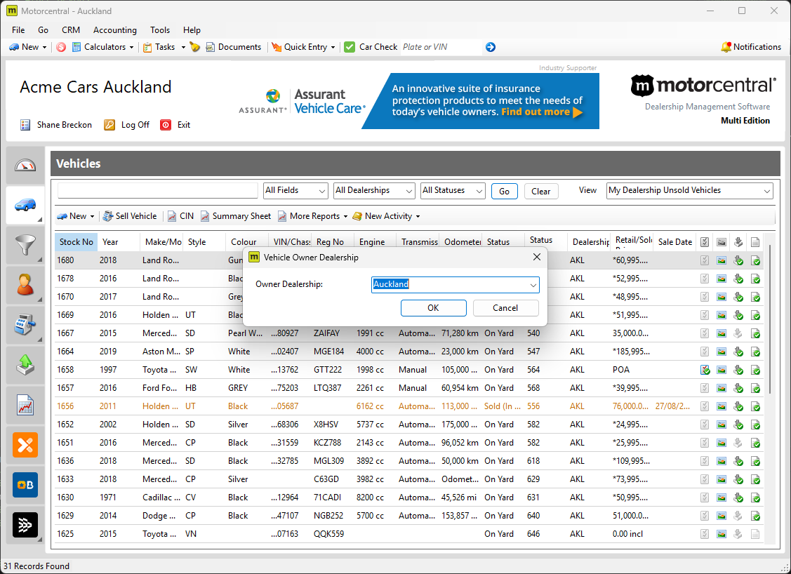 Vehicle Owner Dealership dialog with dealership dropdown
