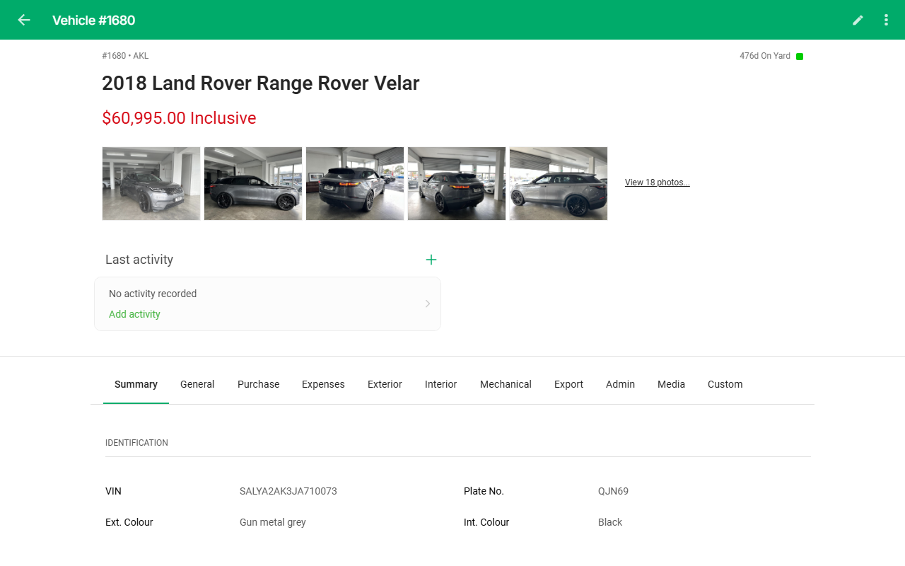 Vehicle page showing Summary tab