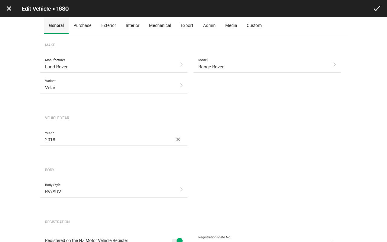 General tab in edit mode showing Make, Year, and Body fields