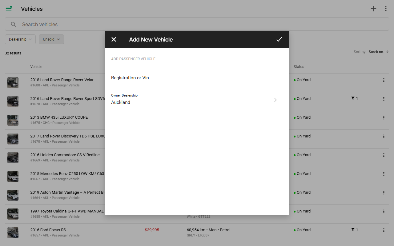 Add New Vehicle dialog with Registration/VIN and Owner Dealership fields
