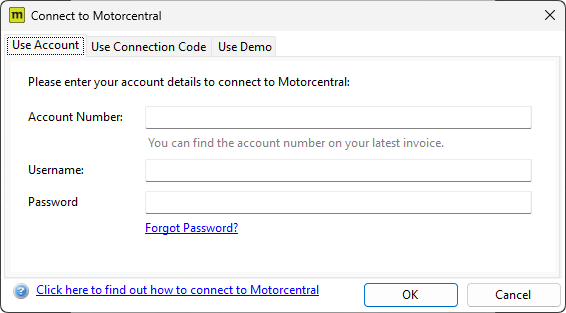 Desktop connection dialog showing the Use Account, Use Connection Code, and Use Demo tabs