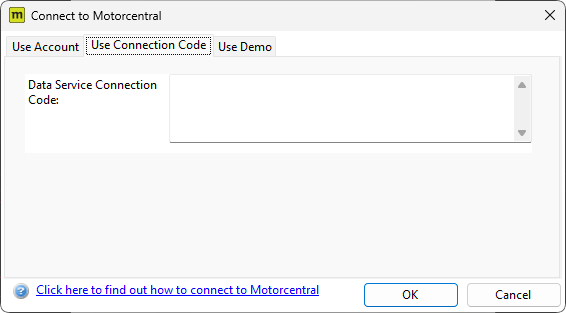 Desktop connection dialog with Use Connection Code tab selected, showing the Connection Code field