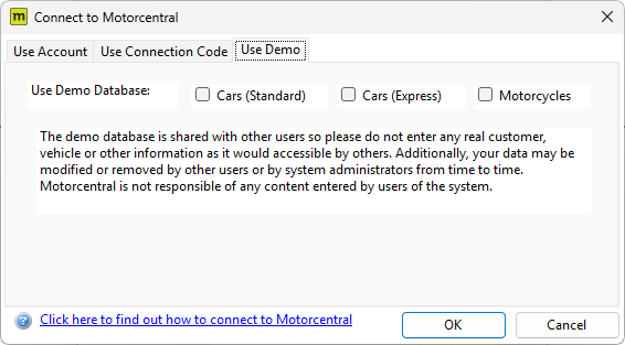 Desktop connection dialog with Use Demo tab selected, showing demo database type dropdown